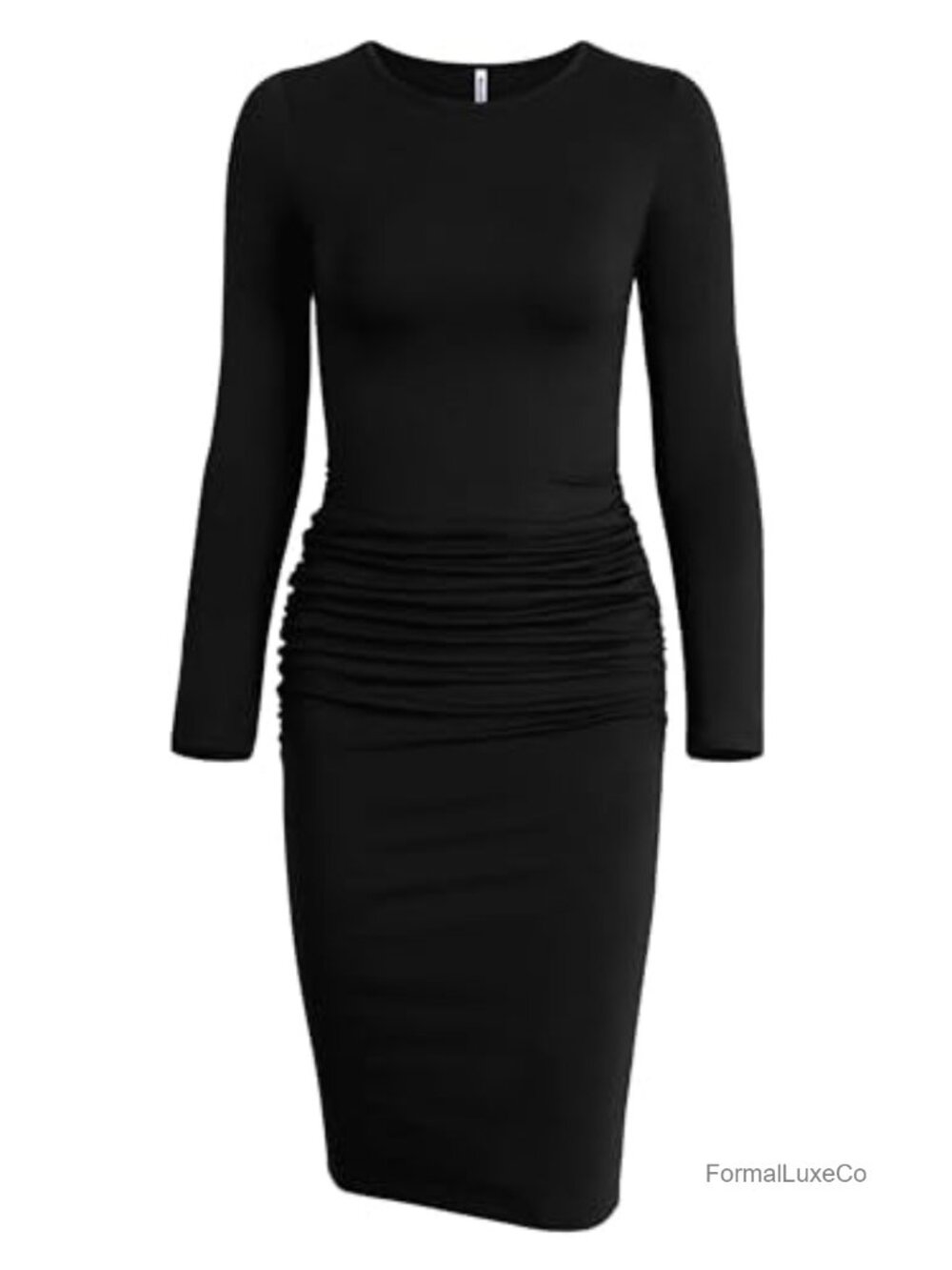 Long Sleeve Ruched Bodycon Dress Knee Length Cotton Spandex